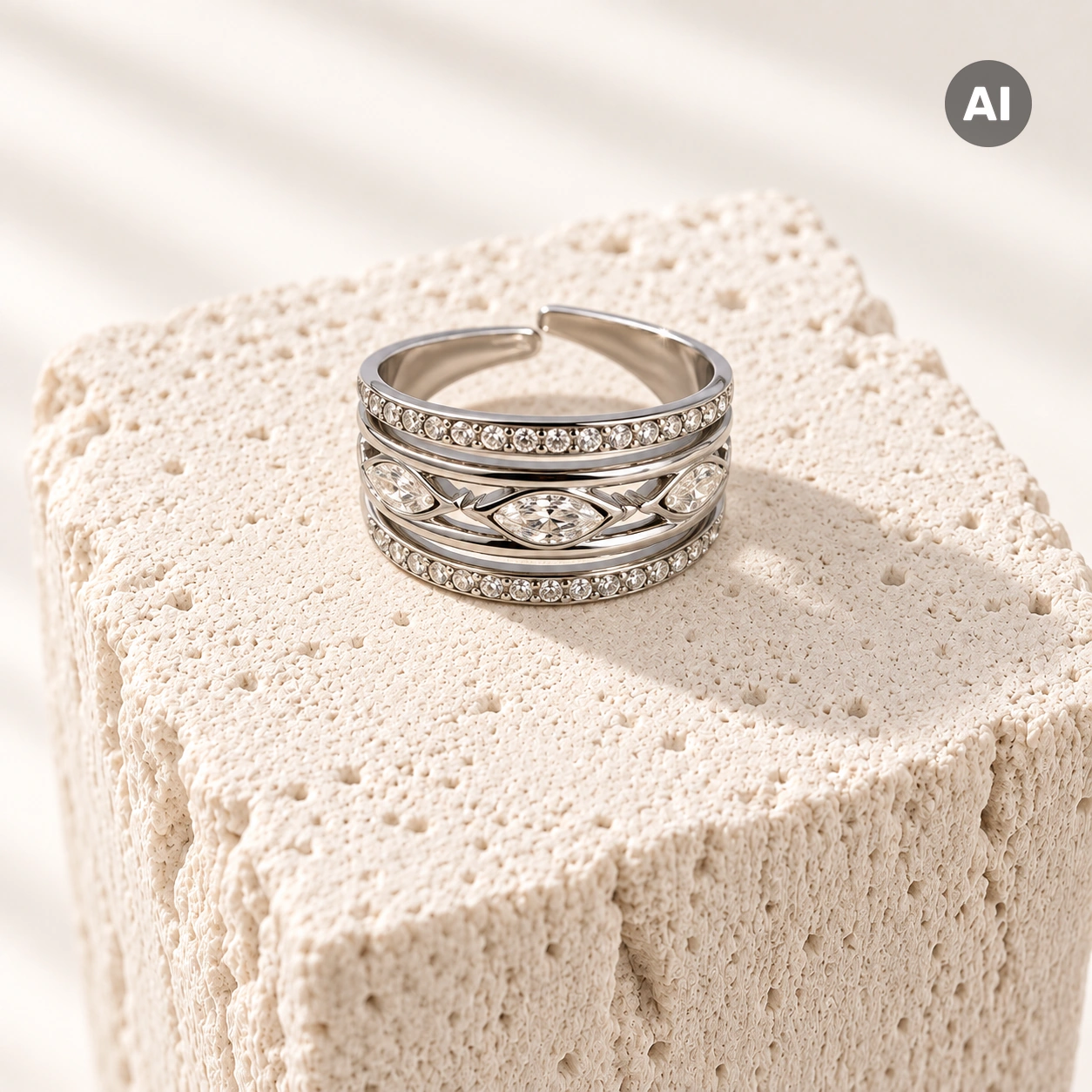 Ring mit breitem Profil, klarem Besatz und Marquise, silberfarben