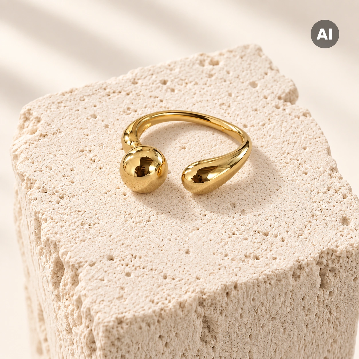 Ring mit offenem Profil, Kugel und Tropfenende, goldfarben