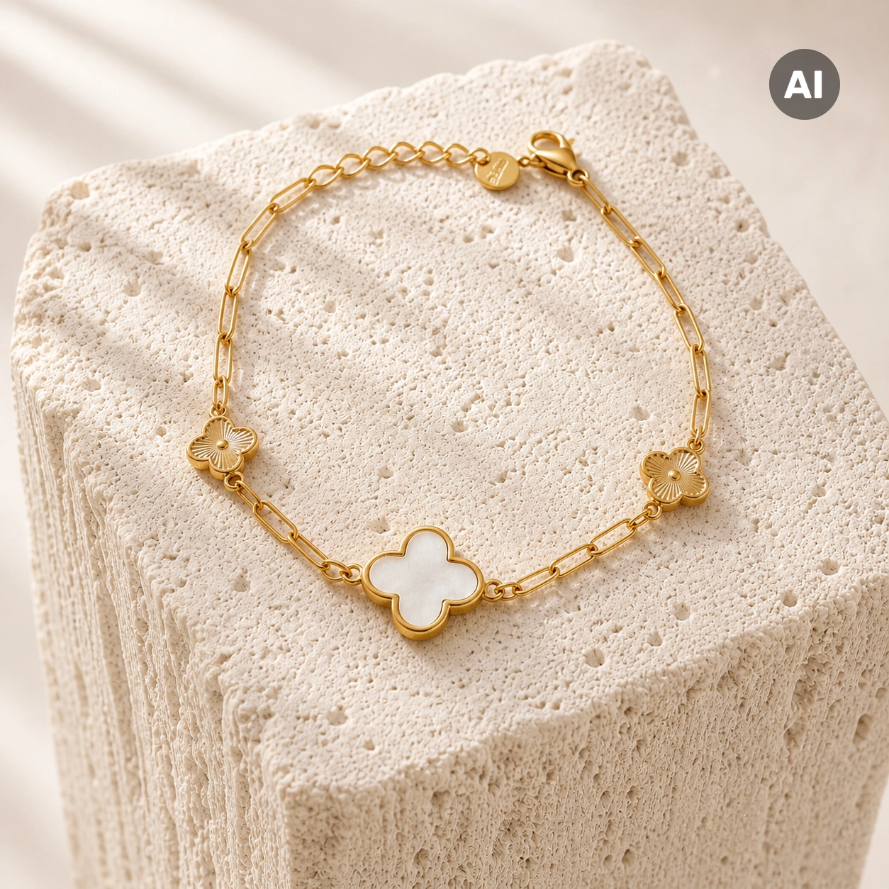 Armband mit Paperclip-Kette und Kleeblatt-Stationen, goldfarben