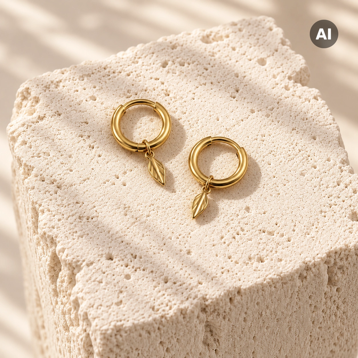 Creolen mit Blatt-Anhänger und gerillter Struktur, goldfarben