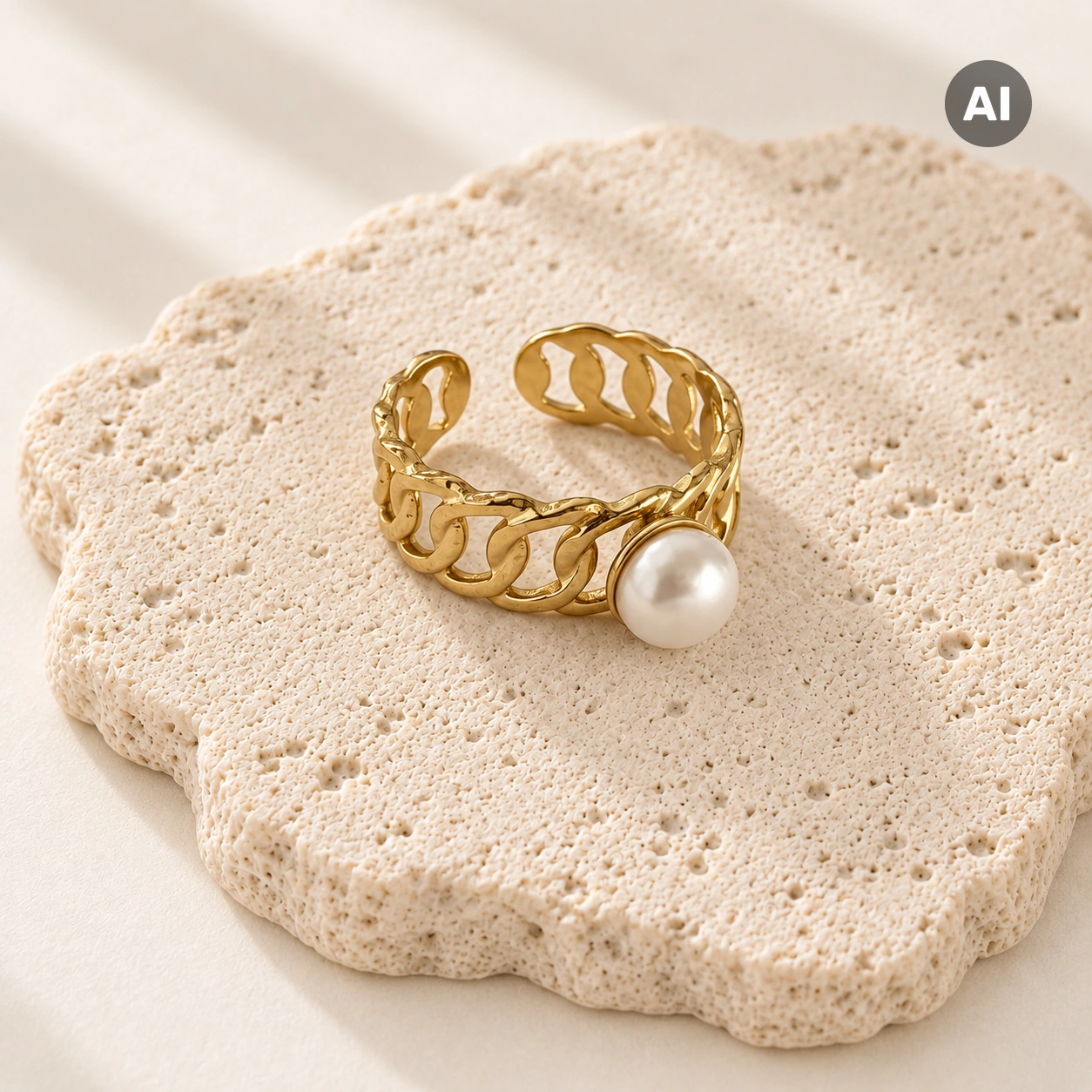 Ring mit offener Gliederkette und Perle, goldfarben