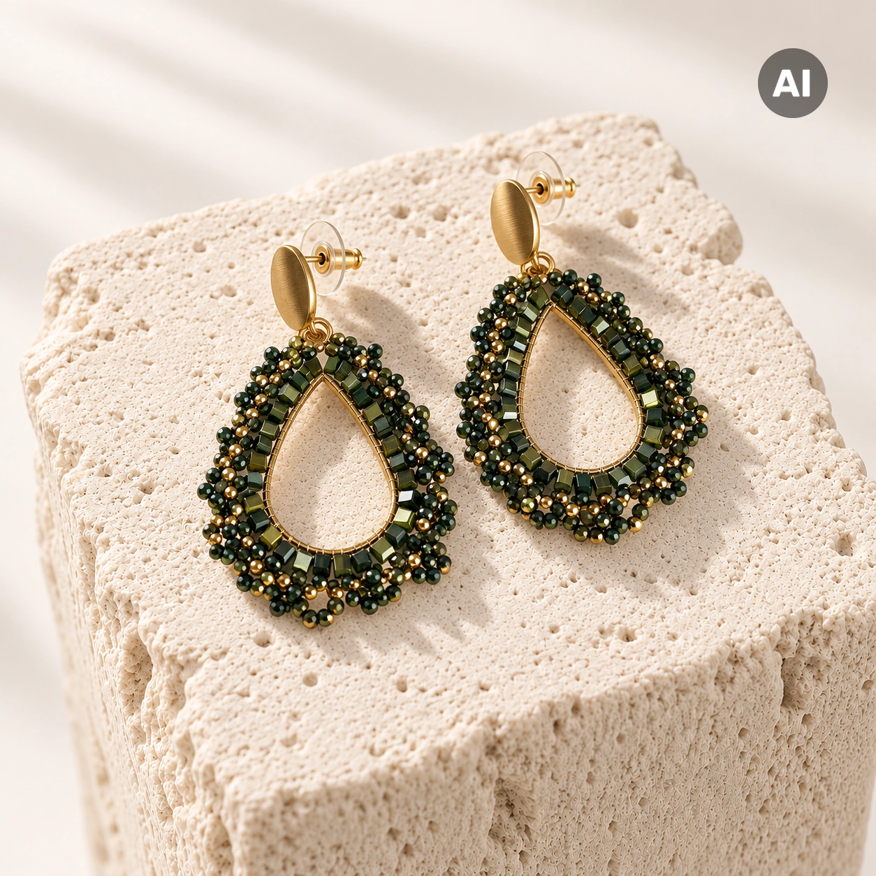 Ohrstecker mit Tropfen und grünem Glas-Steinbesatz, goldfarben