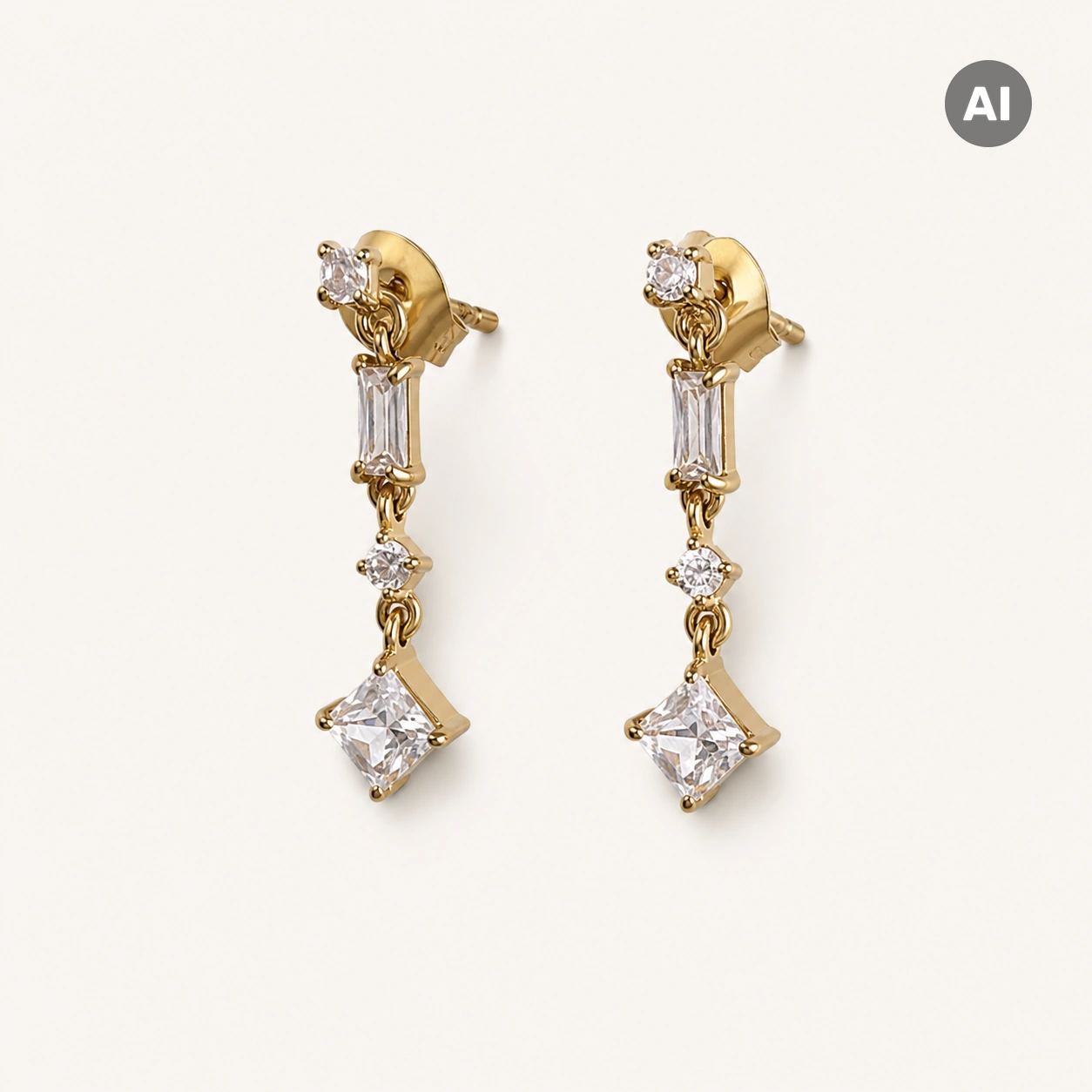 Ohrstecker mit Baguette-Zirkonia und Raute-Anhänger, goldfarben