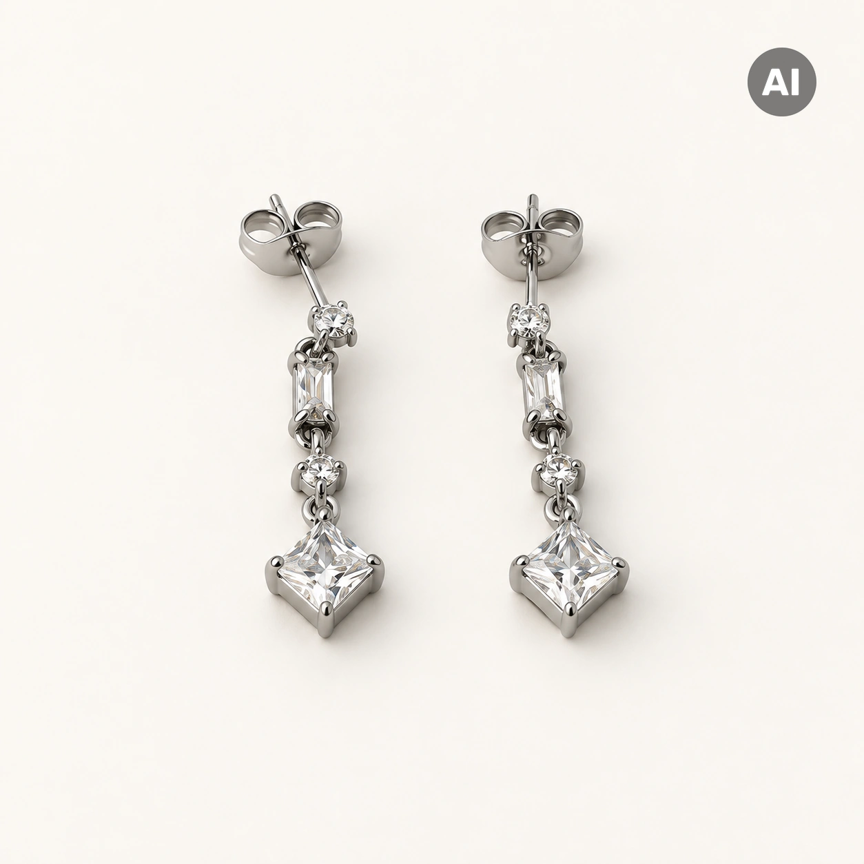 Ohrstecker mit Baguette-Zirkonia und Raute-Anhänger, silberfarben