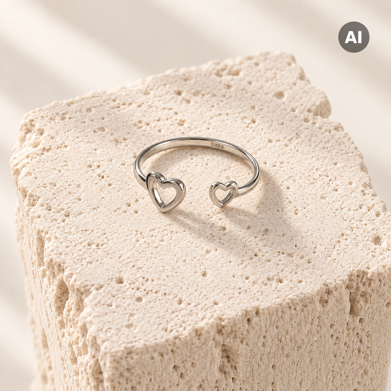 Ring mit offenem Profil und zwei Herzen, silberfarben