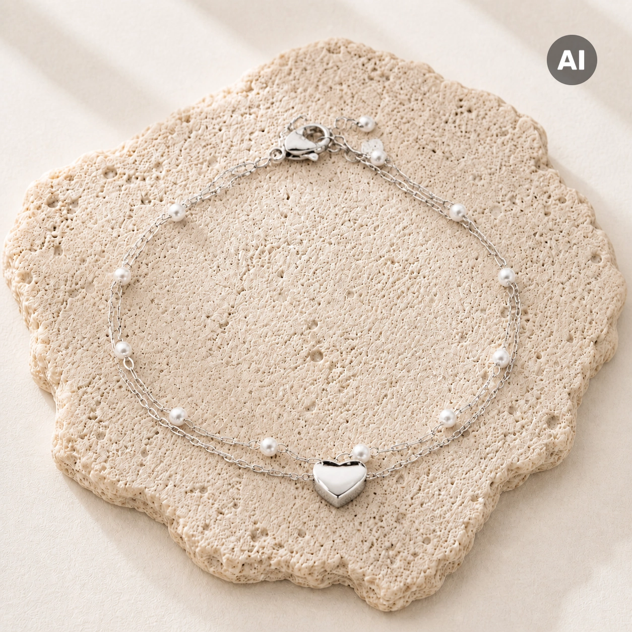 Armband mit doppelter Kette und Herz-Element, silberfarben