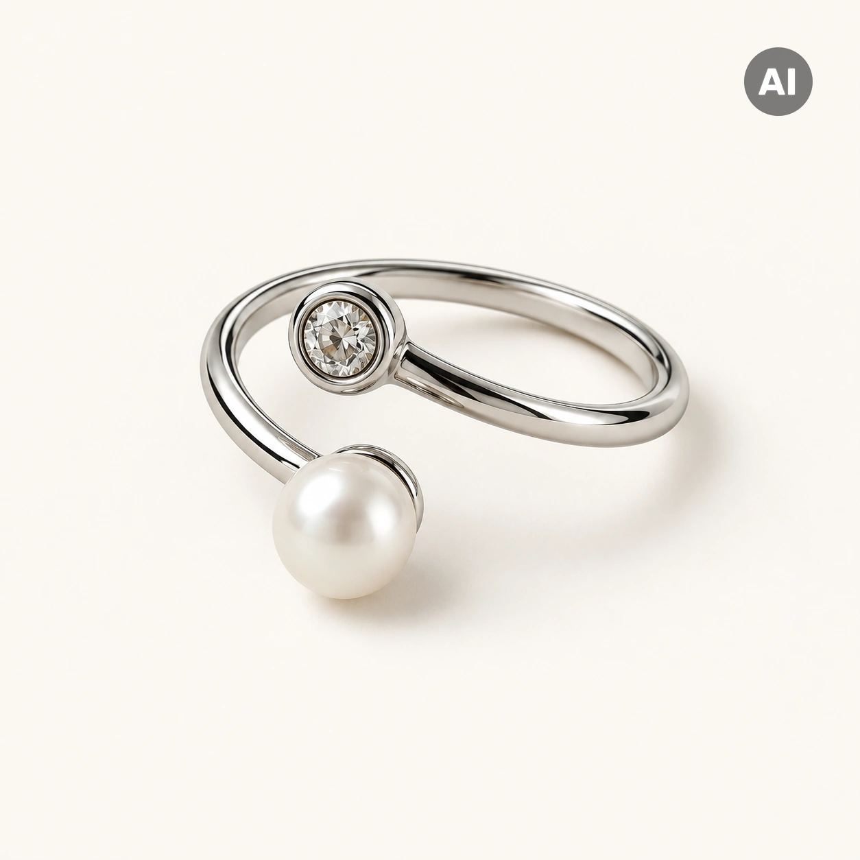 Ring mit offenem Profil, Perle und klarem Stein, silberfarben