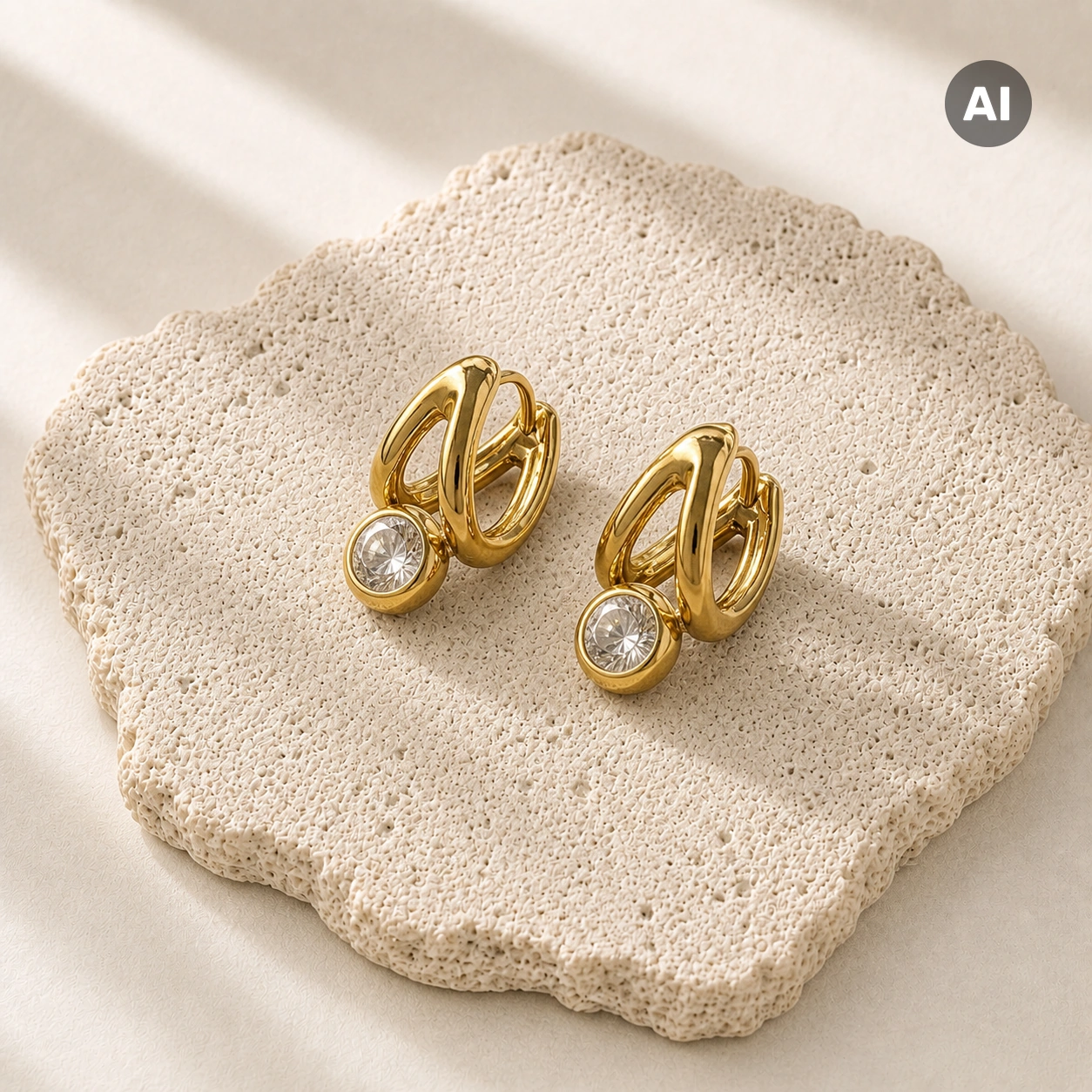 Ohrringe mit breitem glattem Bügel und Zirkonia, goldfarben